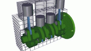 Τετρακύλινδρος κινητήρας. Διακρίνονται τα πιστόνια (γκρι), οι μπιέλες (μπλε) και ο στροφαλοφόρος άξονας (πράσινο). (από patsis, 07/05/10)